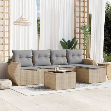 6-tlg. Garten-Sofagarnitur mit Kissen Beige Poly Rattan (1/3)
