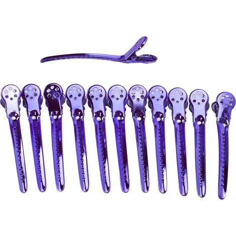 Lot de 12 pinces à bec de canard en acier pour coiffure, idéales pour les salons de coiffure et les barbiers (violet). (1/5)