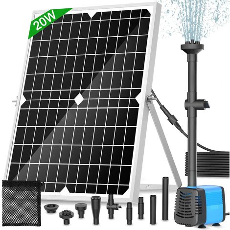 Pompe solaire pour étang 20 W, débit 1300 L/h, câble extensible de 5 m, 4 modèles de pulvérisation et sac de filtration – pour les étangs et les installations d’eau (1/5)