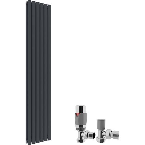 ELEGANT 1800 x 360 mm Anthracite Modern Vertical Column Radiator Oval Double Panel Designer Heater + Chrome Thermostatic Radiator Valves (1/5)