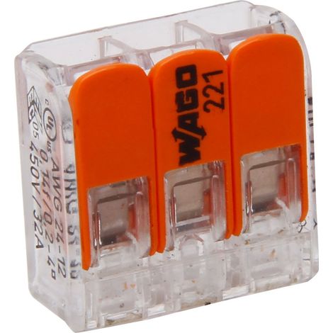 Kopp 33346405 morsetto WAGO 3 volte con leva per Flexible fili wiederoeffenbar trasparente/arancione 1,5 – 2,5 mm² Contenuto confezione da 10 pezzi, colore: grigio/arancione