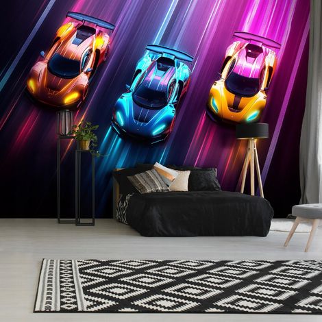 Vlies Fototapete Kinderzimmer 150x105 cm Auto - Fototapeten Tapeten für Kinder Jungen - Teenagerzimmer - Kinderzimmertapete Autorennen Bunt Neon, WallArena (1/4)