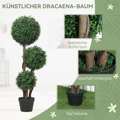 Boule de buis synthétique, plante factice à trois sphères, arbre artificiel en pot avec tige en bois, dimensions 30 x 30 x 100 cm, couleur verte