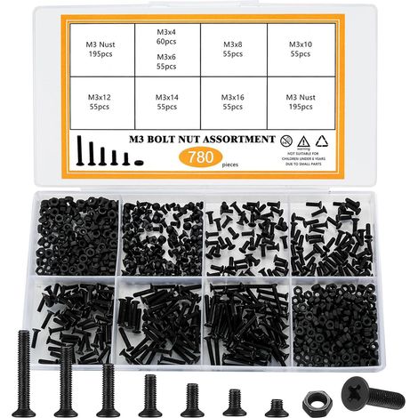 Set di viti piccole a testa svasata Phillips temprate nere, 780 pezzi M3M4 (1/4)