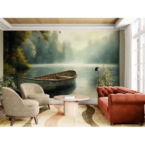 Papier peint Nature – Barque en bois sur rivière brumeuse - 150 x 250 cm (1/2)