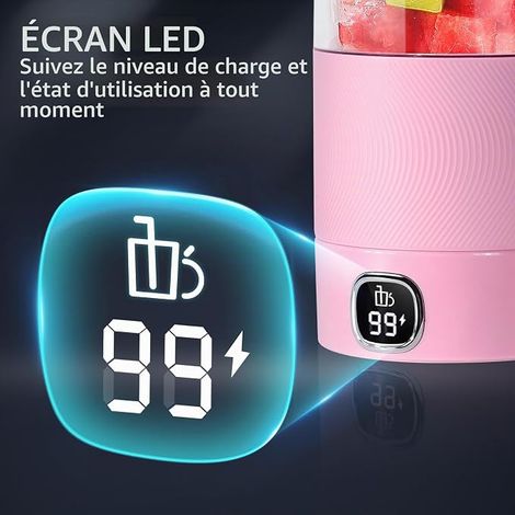 Mixeur Portable, Mini Blenders de 350ml avec Affichage Led, Blender Smoothie Rechargeable par Usb le Fitness, les Voyages et le Travail (1/4)