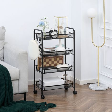 Carrito de cocina y baño de 4 niveles con cestas, carrito de almacenamiento con ruedas, 45 x 26,5 x 84 cm, negro.