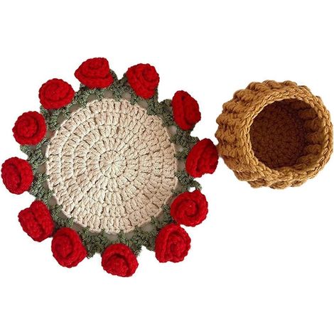 Rosenstrauß-Untersetzer, gehäkeltes Blumen-Platzset, handgewebter Untersetzer, Topfpflanzen-Ornament mit Korb A (1/5)