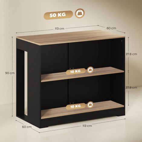 Îlot de cuisine avec comptoir bar et 3 étagères, 113x60x90cm, noir et bois, idéal pour les salons et les séjours. (1/5)