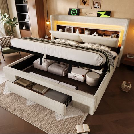 Polsterbett 180/200 cm beige aus Leinen mit LED, USB-C und hydraulischem Stauraum (1/5)