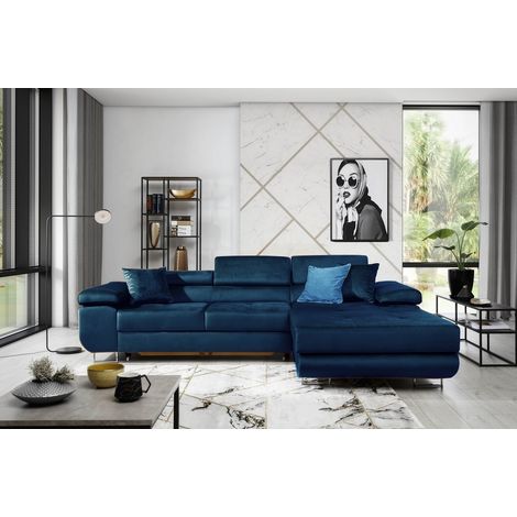 Canapé d'angle convertible ARMEL en tissu luxe 5 places, couleur bleu foncé, avec coffre, angle droit (vu de face) (1/5)
