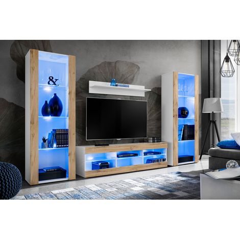 Komodee Ensemble de Meubles Tivoli Grande, Blanc/Wotan, Largeur 250cm x Hauteur 159cm x Profondeur 35cm, LED Blu, 3 étagères, pour Salon, Chambre, Entrée