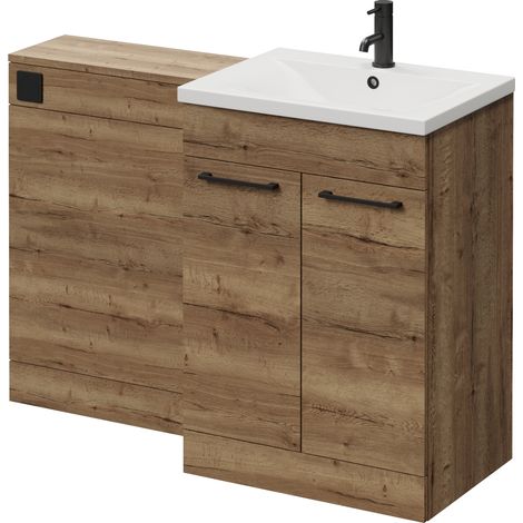 Napoli 460 Cento Tobacco Oak 1200mm 2 Door Vanity Unit Toilet Suite with Glide Basin - 1200mm - Matt Black 160mm HandleWithout Kingston Toilet Pan
