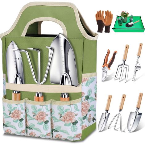 Ensemble Robuste d'Outils de Jardinage, Set de 9 Pièces d'Outils de Jardinage, Set de Jardinage en Acier Inoxydable, Set Cadeau Inoxydable avec Sac de Rangement Robuste, Poignée Ergonomique (1/5)