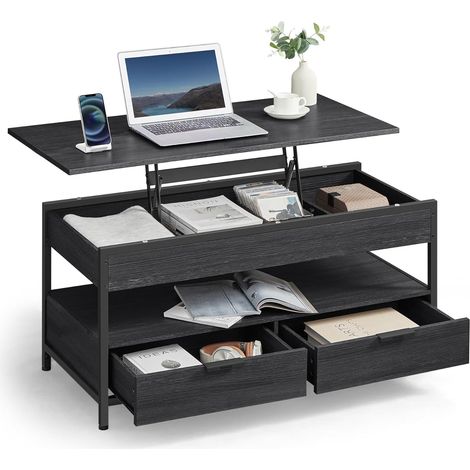 VASAGLE Table Basse, Table de Salon avec Plateau Relevable, Tiroirs de Rangement, avec Rangement Ouvert et Compartiment Caché, Marron Camel et Noir d'encre LCT209K02 (1/5)