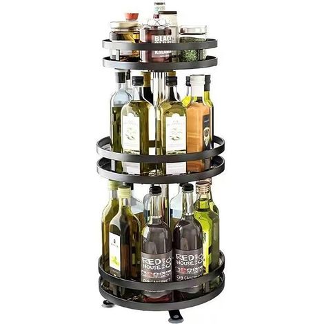 Étagère à épices rotative à 3 étages en acier au carbone - Organiseur rotatif à 360° - Pour pots à épices, bouteille à épices - Noir (1/5)