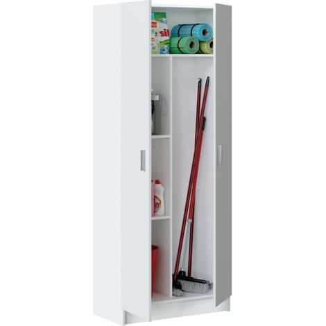 Armoire 2 portes blanche 73x37x180 cm – Panneaux mélaminés résistants – 3 étagères réglables – Rangement buanderie, chambre, garage – Habitdesign — vue 3