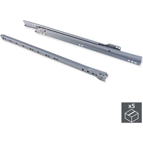 Emuca Lotto di 5 set di guide per cassetti T30, chiusura a scatto, lunghezza 800 mm, estrazione parziale, Acciaio, Grigia metallizzata