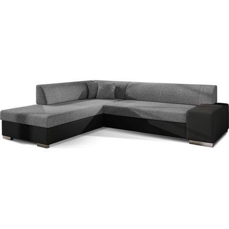 Canapé convertible moderne angle gauche tissu gris clair chiné et simili cuir noir Plazo 278cm (1/5)