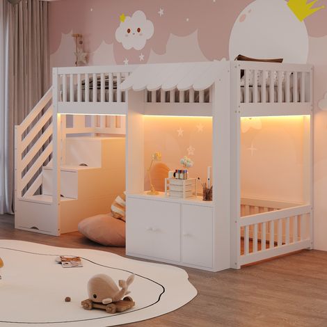 Cama alta infantil 90x200 cm blanca, escalera almacenaje y cajón inferior, LED multicolor, estructura pino, sin colchón (1/5)