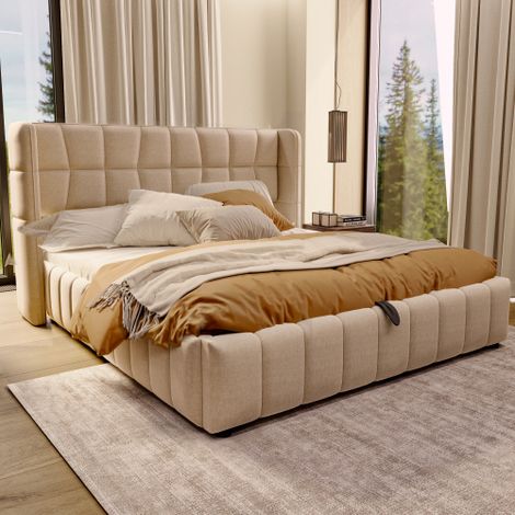 Lit moelleux 180 x 200 cm, lit double avec grille de sommier, dossier, lit avec système de rangement pneumatique, support de draps de lit en lin, adapté aux adultes et adolescents (1/5)