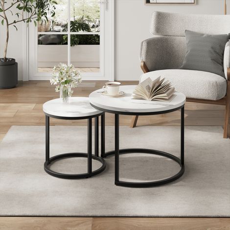 Table basse gigogne ronde 60x60x45 cm avec structure en métal 2 pièces Pour salonl chambres balcons bureaux Bois Blanc et Noir (1/5)