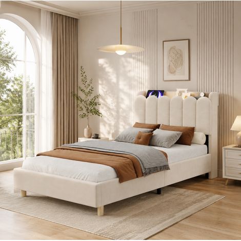 Letto per bambini 90 x 200 cm con rete, testiera, USB-C e luce da lettura beige DESVIAE (1/5)