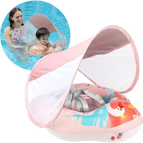 Bouée gonflable pour bébé avec pare-soleil, matelas de natation gonflable avec fond en mousse, jouet aquatique, apprenti nageur (Cygne rose L) (1/5)