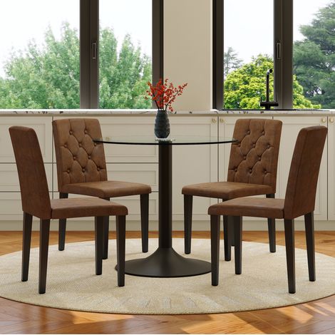 Ensemble table et 4 chaises, table ronde en verre 85 cm, marron et noir HAVRYA (1/5)