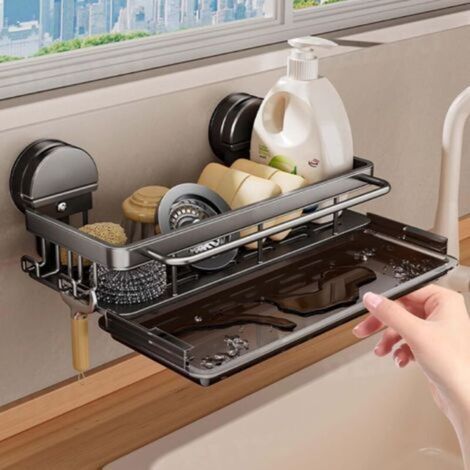 Organisateur Evier Cuisine Ventouse, Support Eponge Evier Cuisine avec Bac de Vidange Amovible, Organiseur d'évier, Porte Eponge Ventouse avec Porte Serviettes et Deux Crochets, Sans Perçage