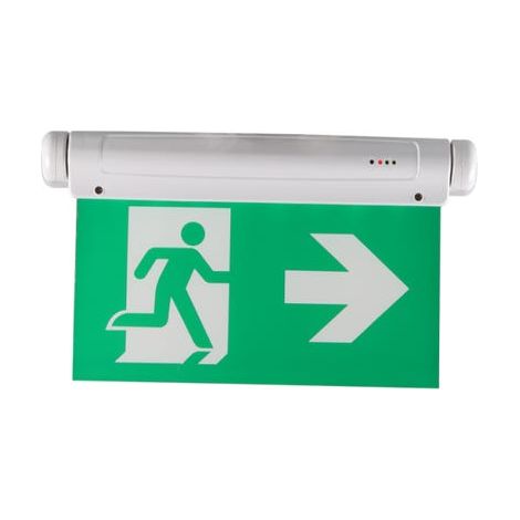 Luminaire de sortie de secours double face 3W, pictogramme droite/gauche, installation au plafond ou au mur
