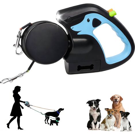 Hundeleine 3 Meter - Doppelte Hundeleine zum Gassigehen mit 2 Hunden - mit 360° verwicklungsfreiem Nylonband, rutschfestem Griff, wiederaufladbarer Taschenlampe für Hunde bis 10 kg (hellblau) (1/5)