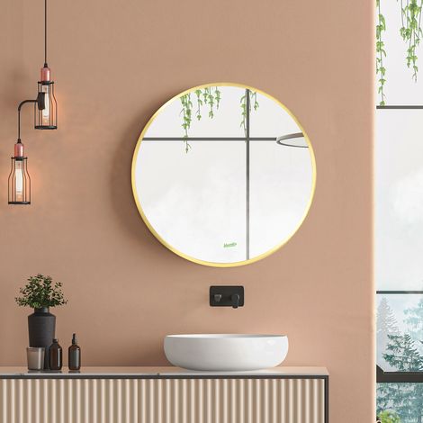 Miroir rond mural 50 cm, cadre en métal doré, idéal pour salle de bain, chambre ou entrée