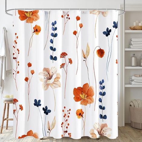 Rideau de douche floral aquarelle, motif rétro orange et bleu marine pour salle de bain, design moderne minimaliste, tissu imperméable, ensemble avec crochets, 183x183 cm (1/5)