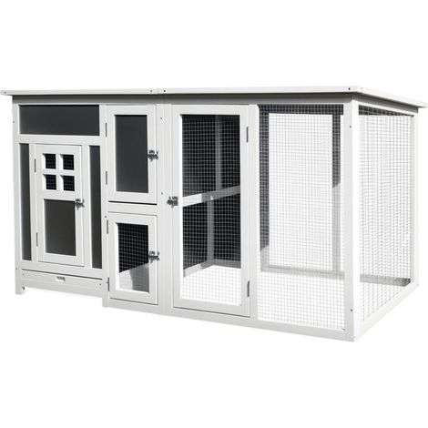 Poulailler pour Poules Pondues d'Extérieur avec Toit Imperméable et Zone de Course, Nid en Bois, 160x75x80 cm, Gris et Blanc