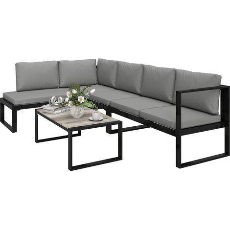 Salon de Jardin Extérieur d'Angle 5 Personnes avec 2 Canapés, Chaise Sans Accoudoirs, Table Basse, Gris Foncé (1/5)