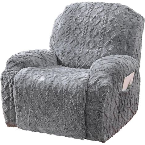 Housse fauteuil relax 1/2/3 places, gris, peluche, 4 pièces, avec poche, lavable (1/4)