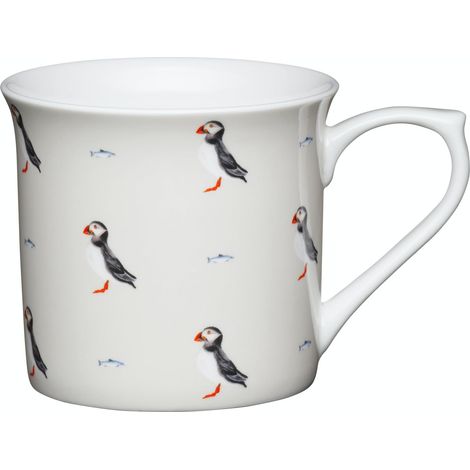 Kitchencraft de Fine Puffin estriado Printed mugs de pájaros, 300 ml, porcelana, beige, 11,5 x 8,5 x 8 cm