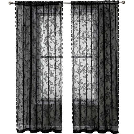 Schwarze Spitzengardinen, 213 cm (84 Zoll) – Vintage-Stil mit rustikalem Blumenmuster – Schwarzer Voile für das Wohnzimmer – Sichtschutz im gotischen Stil – 2 Paneele à 102 x 203 cm (40 x 80 Zoll)