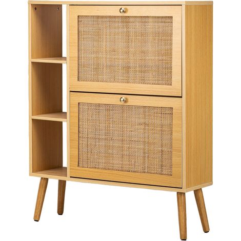 Nordlys – Meuble à chaussures en rotin 2 tiroirs – Dimensions 80 x 24 x 99 cm – Design scandinave – Finition effet chêne