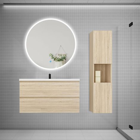 AICA Ensemble meuble vasque L.99cm 2 tiroirs + lavabo + LED miroir rond 100cm + colonne,chêne