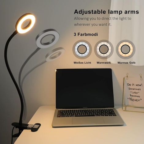 360° flexible LED-Klemmleuchte – 3 Modi und 10 Dimmstufen – Für Nachttisch, Schlafzimmer, Büro – 12 W – Mit CE-Adapter – Schwarz [Energieklasse F]