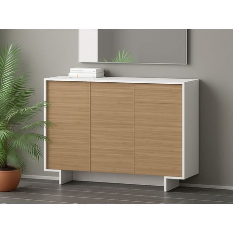 Dmora - Credenza Arius, Madia da salotto, Buffet da soggiorno a 3 ante e 1 cassetto, 100% Made in Italy, 134x35h87 cm, Bianco e Rovere (1/5)