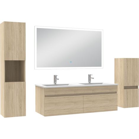 Ocean Ensemble meuble Salle de Bain 120cm avec double vasque + colonne + miroir lumineux dimmable chêne wotan (1/5)