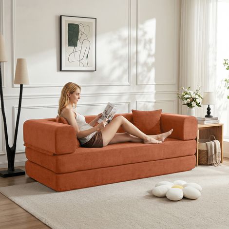 Divano letto trasformabile da pavimento in velluto a coste arancione, 200 x 200 x 50 cm, OKWISH (1/5)