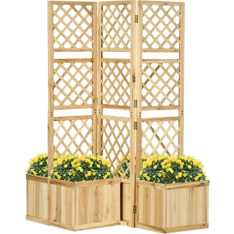 Biombo separador exterior de madera natural 133 x 165 cm con 4 jardineras (1/5)