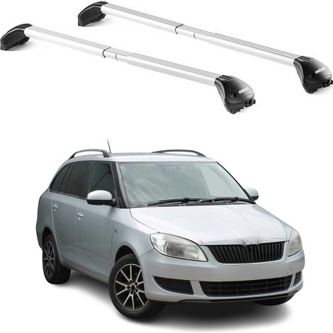 OMAC Barres de toit transversales certifiées TÜV pour Skoda Fabia Scout 2009-2014 – Verrouillables (4 antivols) – Charge max 100 kg – Sangle inox + protection caoutchouc Argent (1/4)