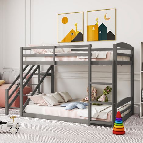 Kinder Etagenbett niedrig 90 x 200 cm Grau mit 2 Sicherheitsleitern und Lattenrost (1/2)