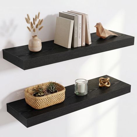 Étagère Murale en Bois, Version Extra résistante, Longueur 60 cm, Tablette Murale pour Salon, Salle de Bain, Chambre, Cuisine, Noir, Lot de 2 (1/5)