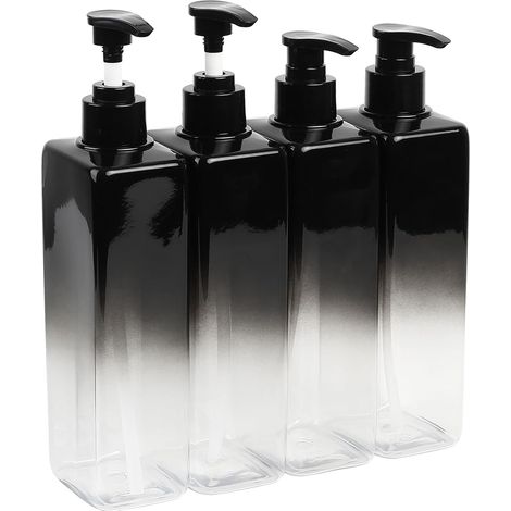 Lot de 4 Bouteilles à Remplir 500 ML - Distributeurs de Gel Douche, Distributeur de Shampoing, Savon Liquide pour Douche et Cuisine, Bouteille à Pompe Réutilisable avec Étiquettes adhésives'4pcs Noir